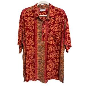Vintage Manuhealii Men Hawaiian Aloha Shirt White Tag XL Red Orange Tribal Rayon
